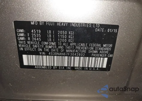 2015 Subaru Legacy 2.5I Limited из США, поврежденный, VIN 4S3BNAN67F3042802